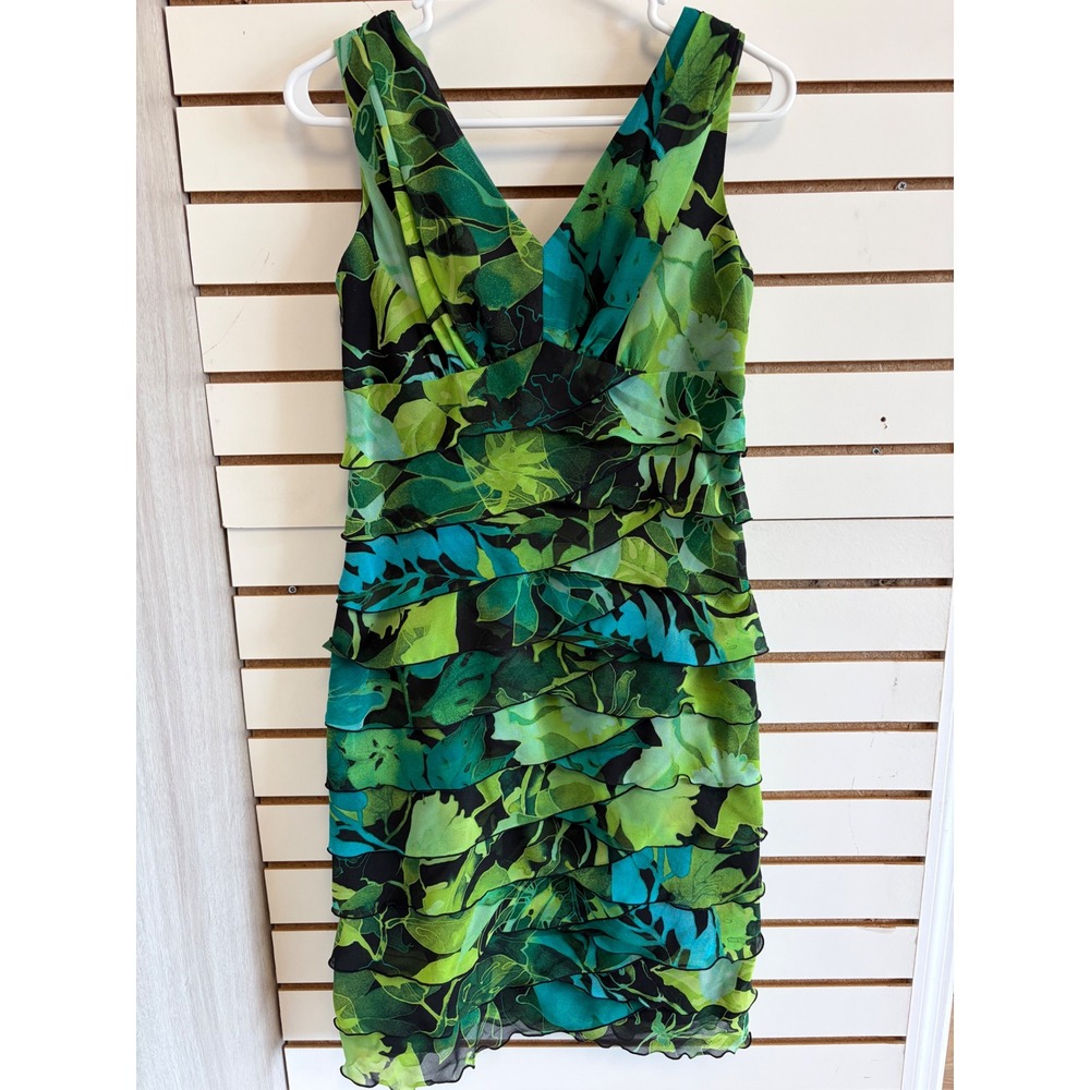 Jones Wear Dress Womens 4 Green Tropical Leaf Print Tiered Ruffle  V-Neck